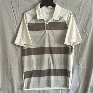 Oakley White and Gray Striped Golf Polo Shirt